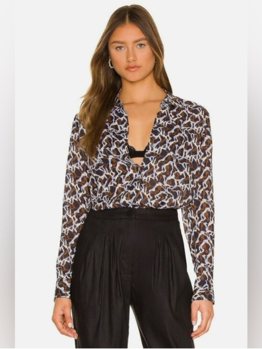 Theory women’s multi colored Jasper rocky pattern sheer button up top 100% silk